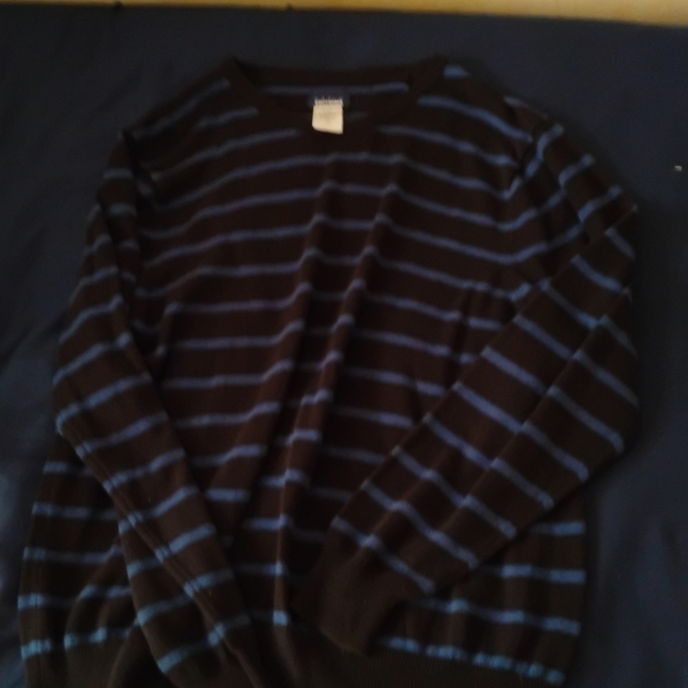 Basic Editions Crewneck Sweater Black and Blue Striped Knit